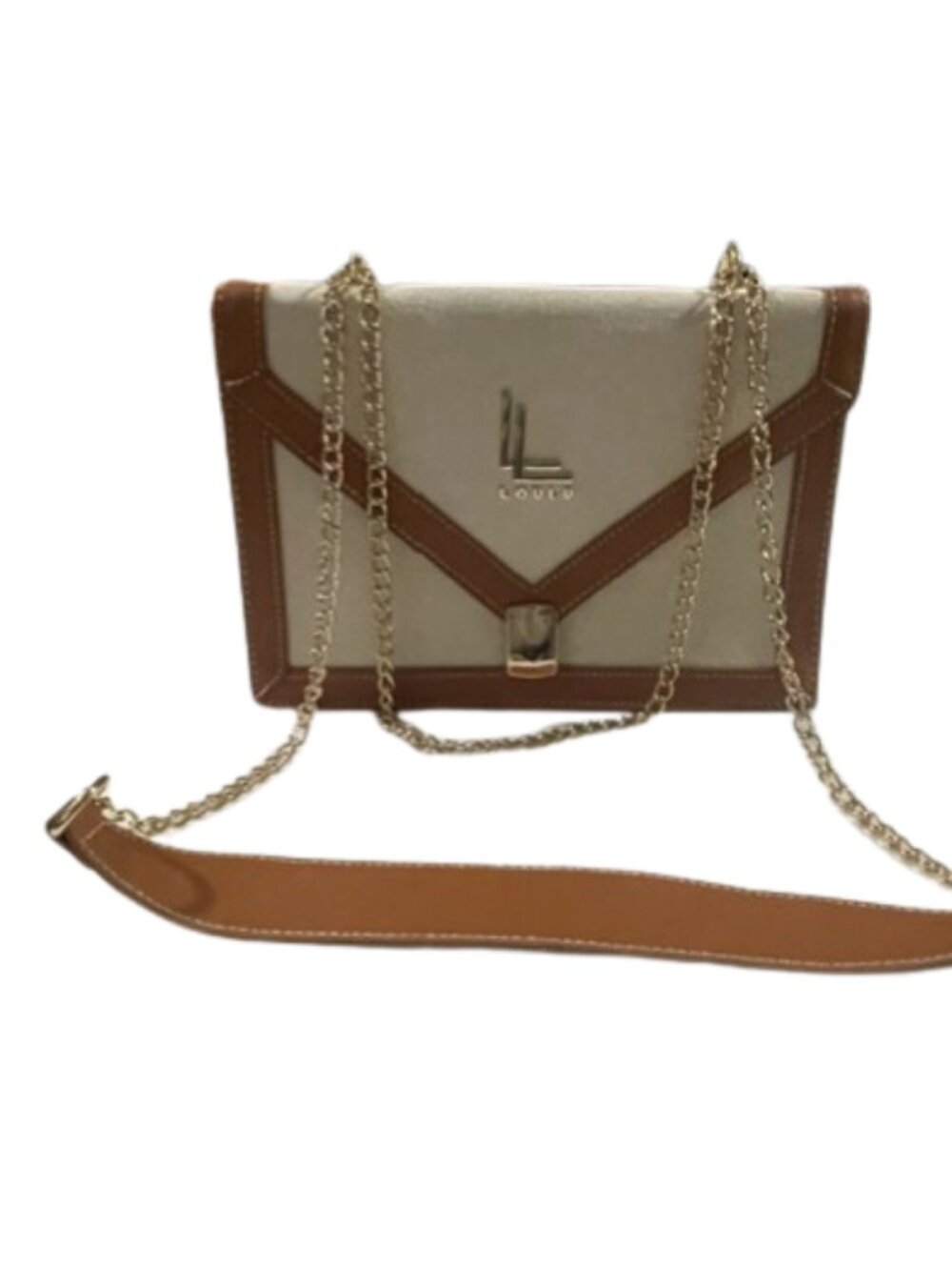 Loulu crossbody bag features a beige canvas body contrasted with tan leather
